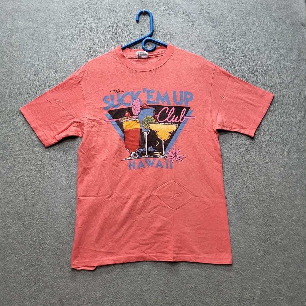 VINTAGE Hawaii Men Shirt L Single Stitch Cocktail Glasses Suck Em Up Club 80s US